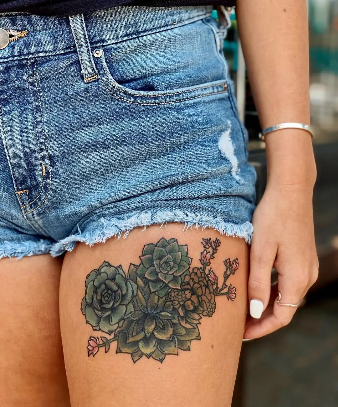 Elegant Floral Succulent Tattoo on Thigh