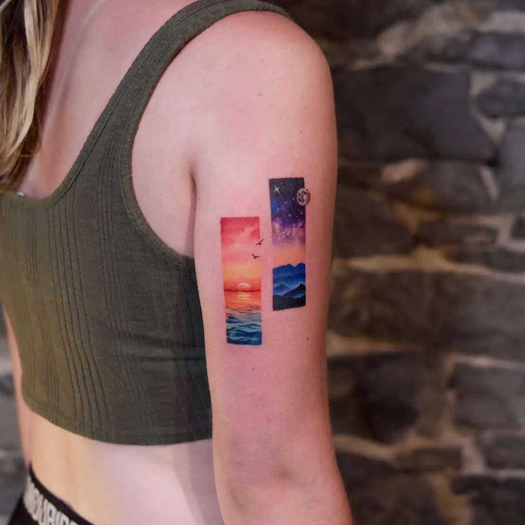 Vibrant sunrise and ocean tattoo design