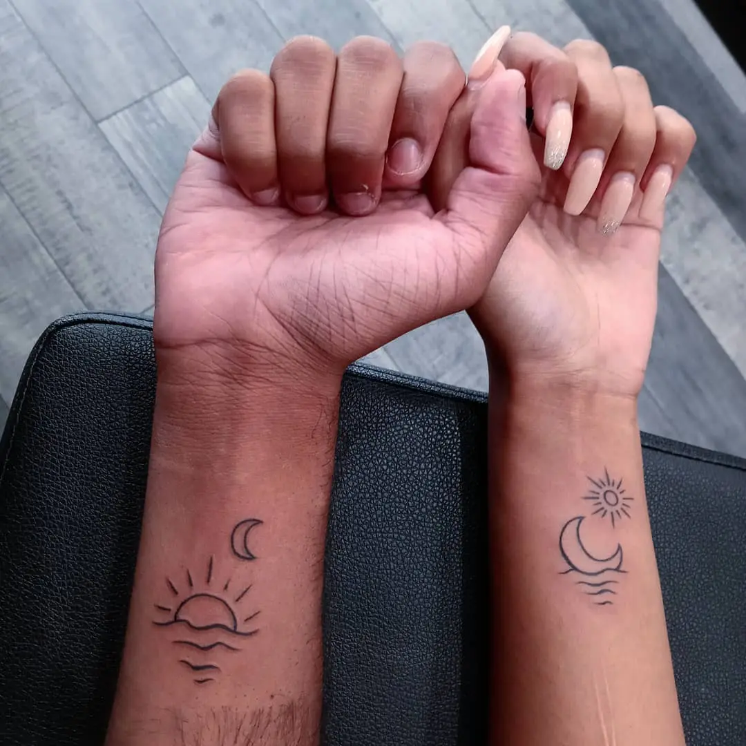 Charming sunrise and moon tattoos on wrists
