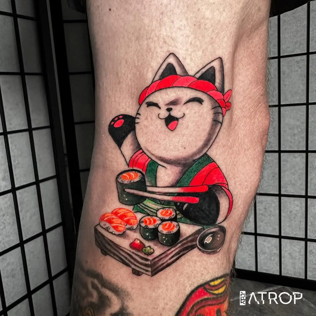 Adorable sushi cat tattoo with playful vibe