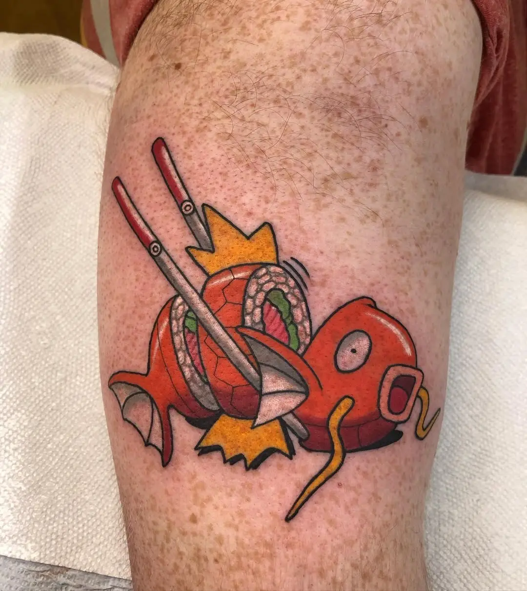 Vibrant sushi tattoo featuring playful design elements