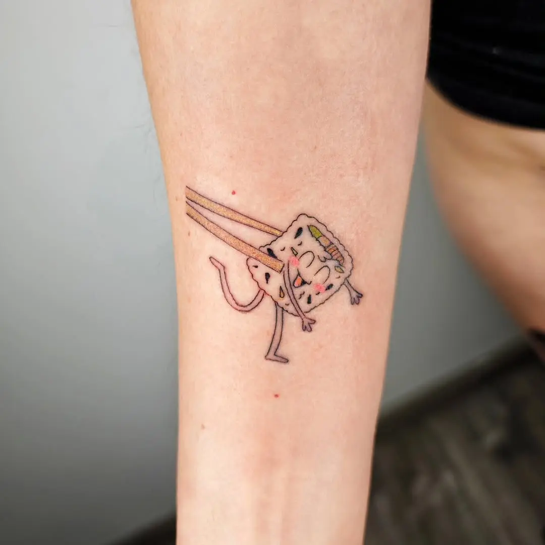 Whimsical sushi tattoo showcasing playful character