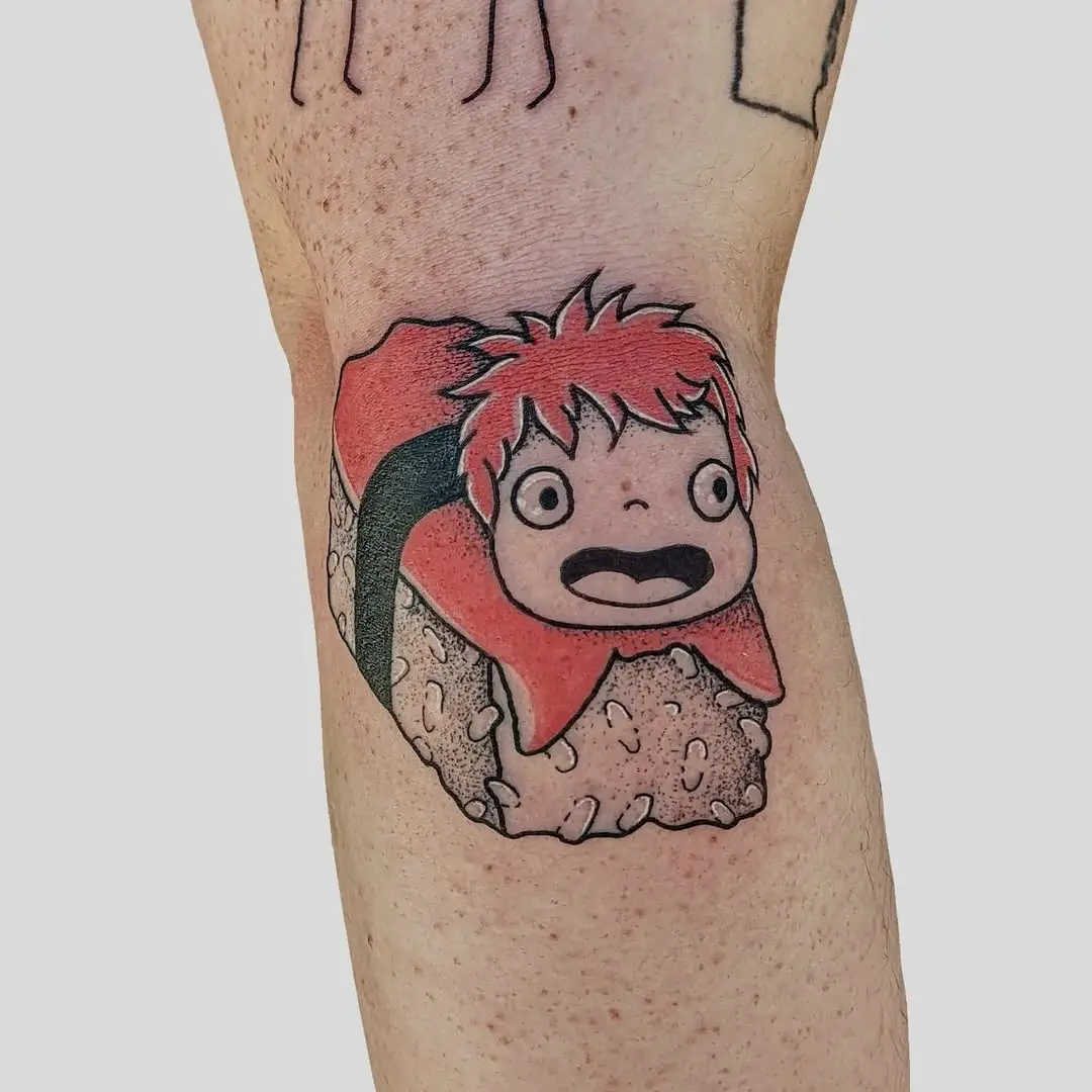Whimsical sushi tattoo with a playful character