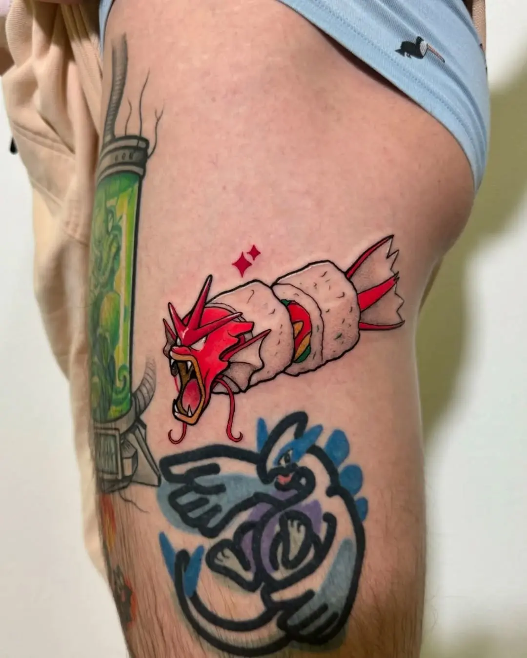 Whimsical sushi-inspired dragon roll tattoo