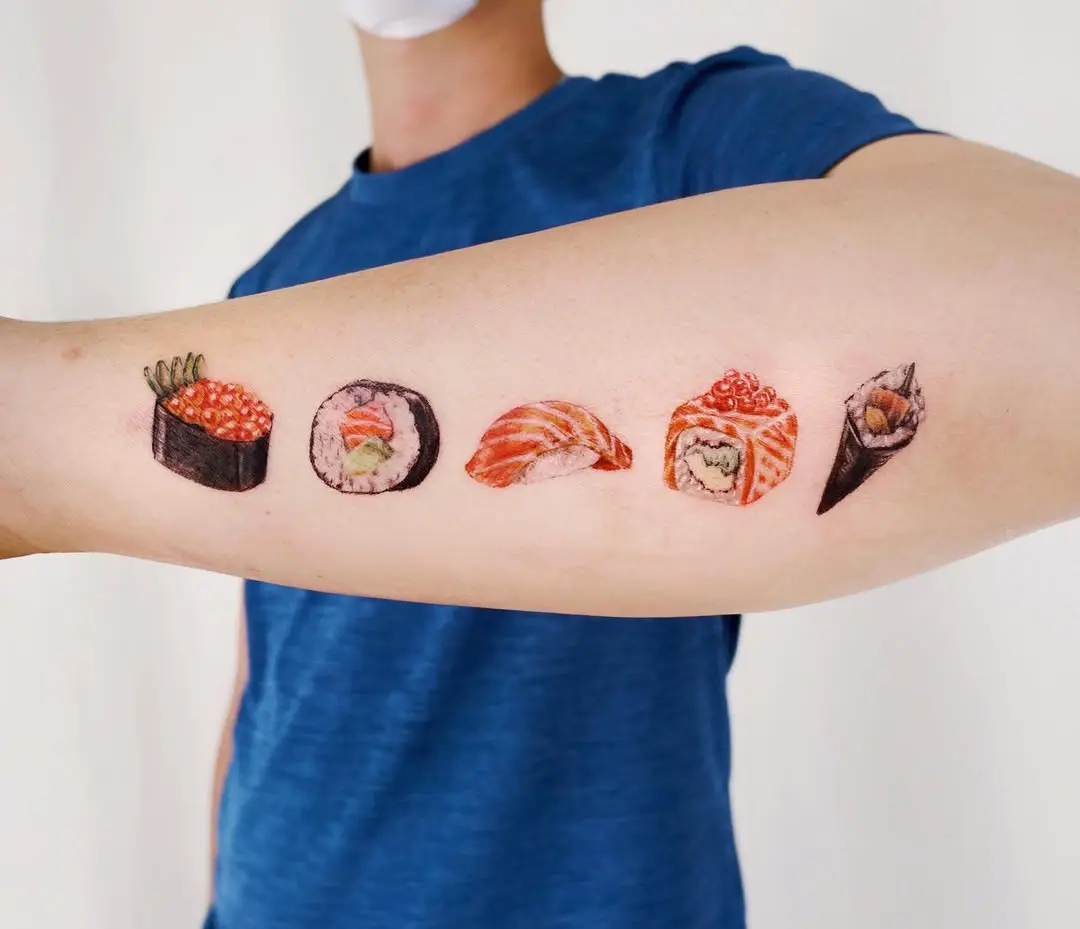Vibrant sushi tattoos showcase delicious artistry