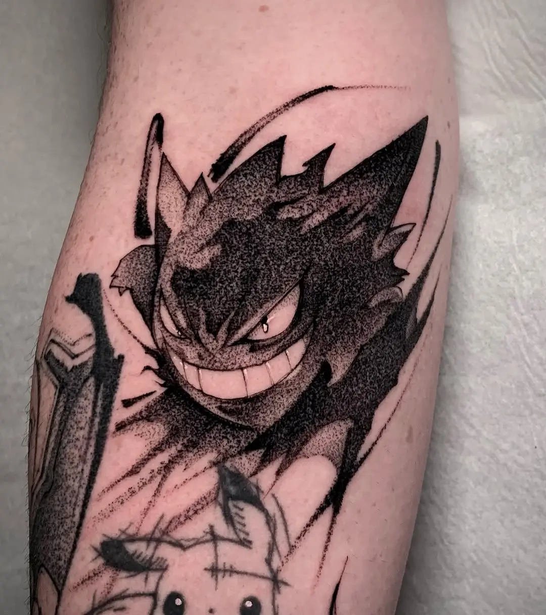 Dynamic Gengar Tattoo with Bold Illustrative Style