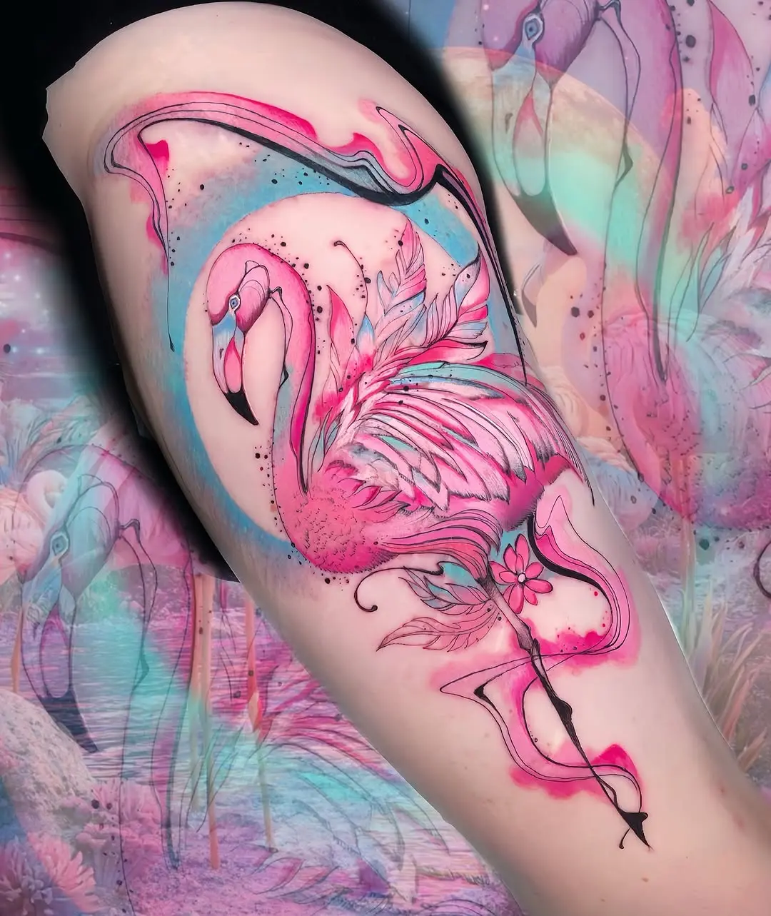 Stunning vivid flamingo tattoo design in pink hues