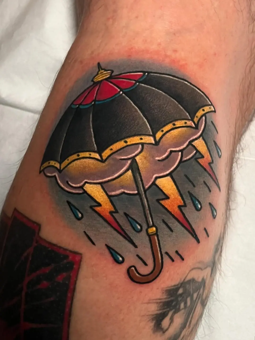 Striking umbrella tattoo with lightning elements