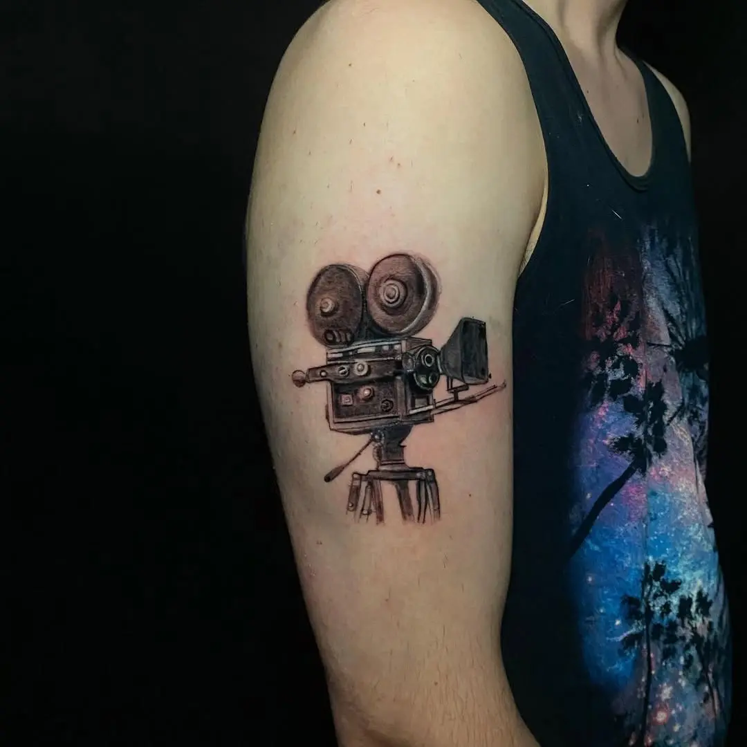 Vintage camera tattoo with intricate details