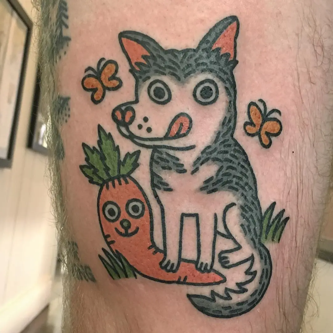 Charming dog and carrot tattoo design