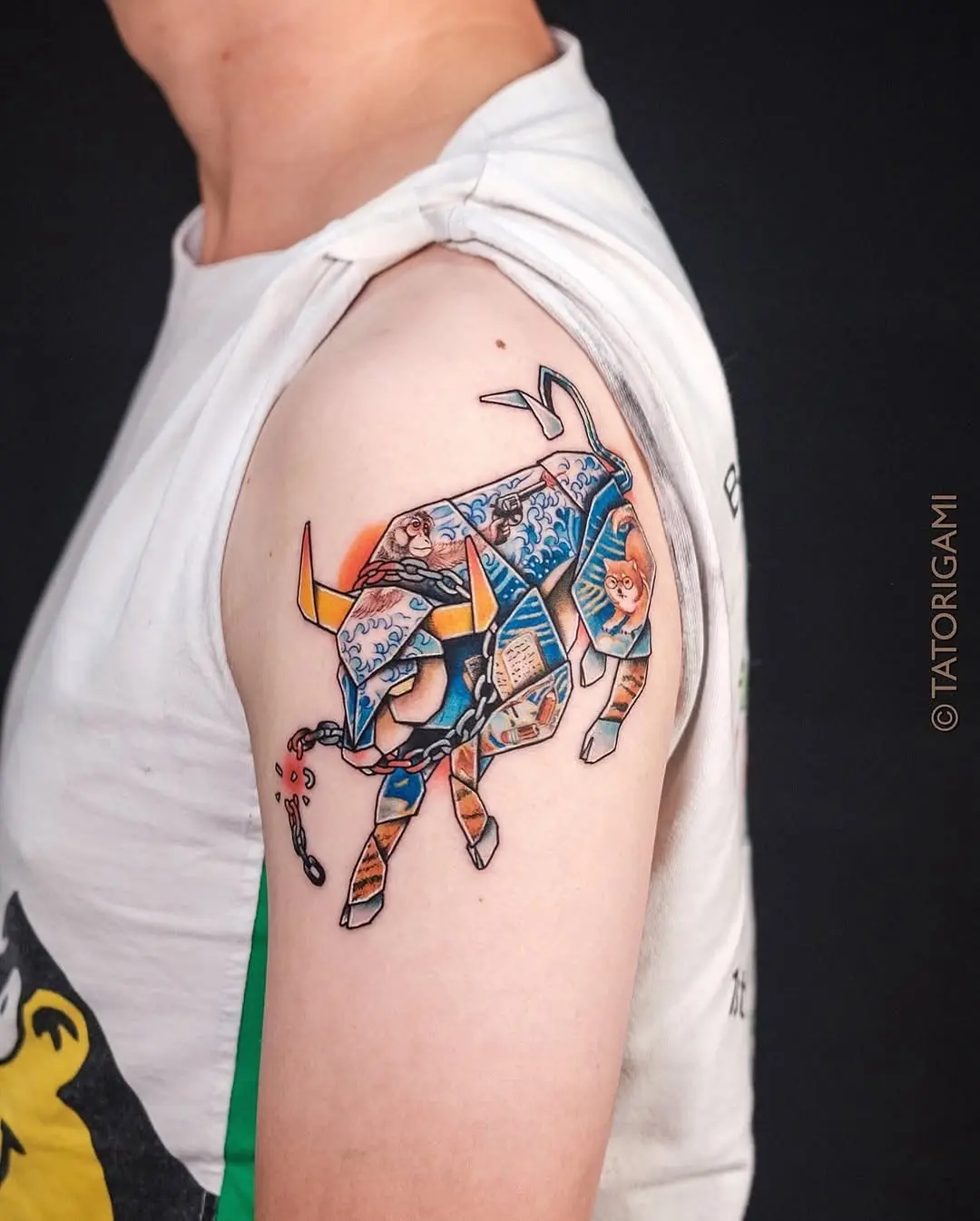 Dynamic Origami Bull Tattoo with Unique Details