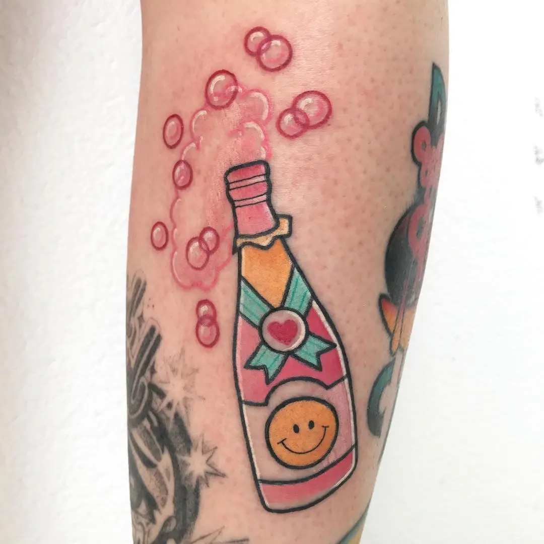 Vibrant champagne bottle with cheerful bubbles