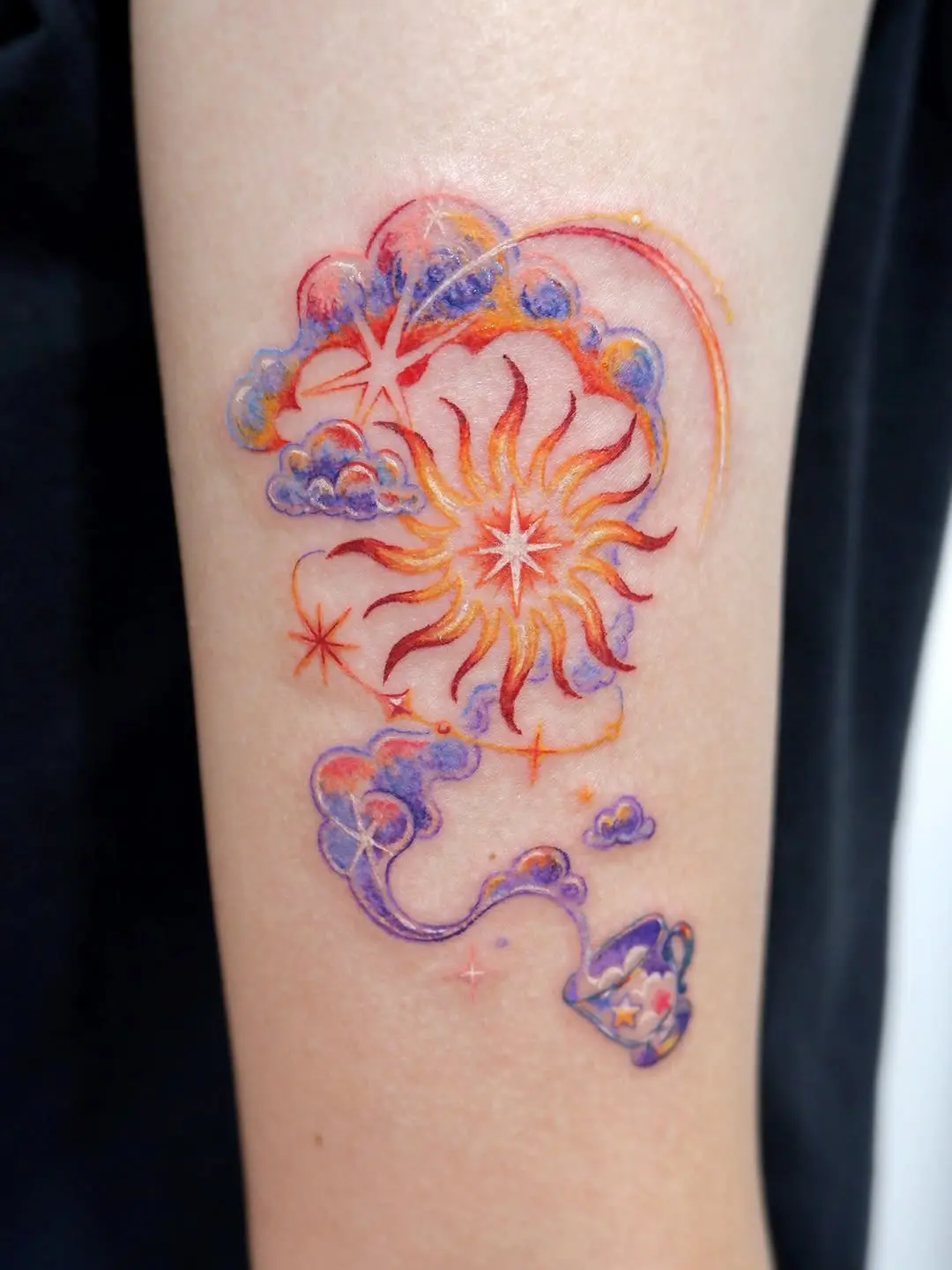 Colorful cloud and sun tattoo with stars