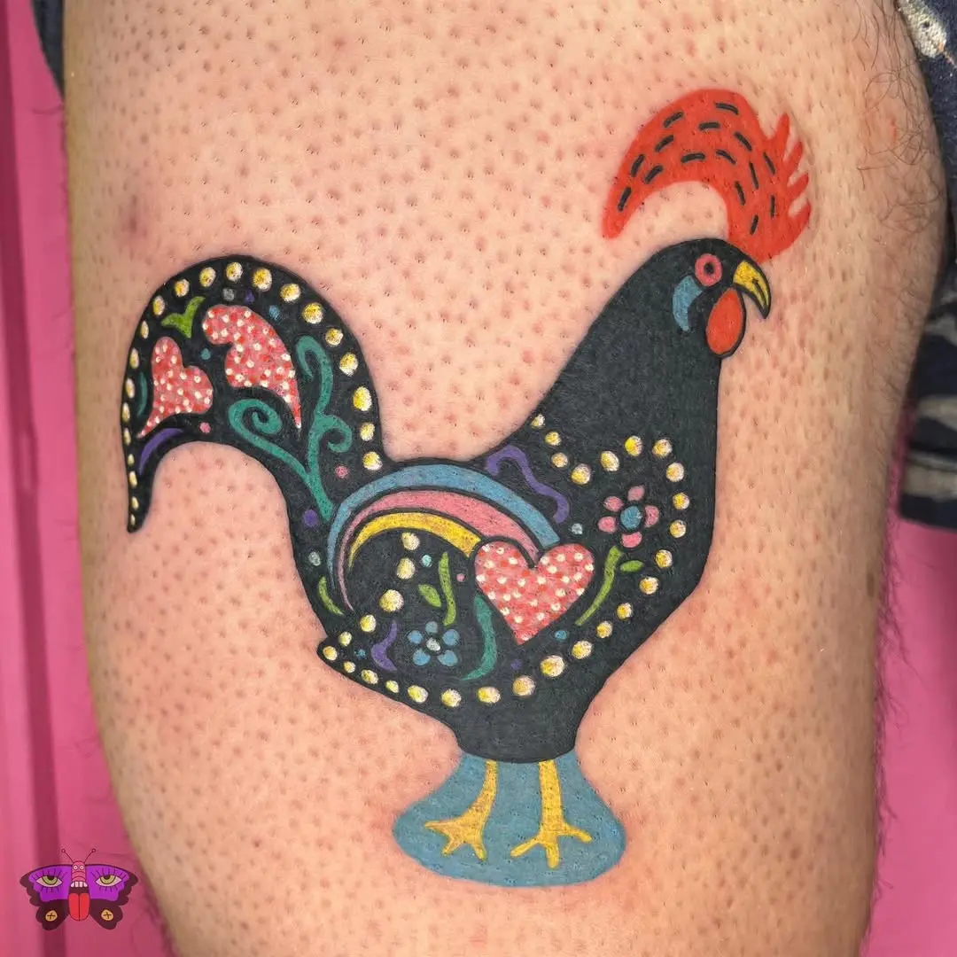 Vibrant neon rooster tattoo with intricate designs