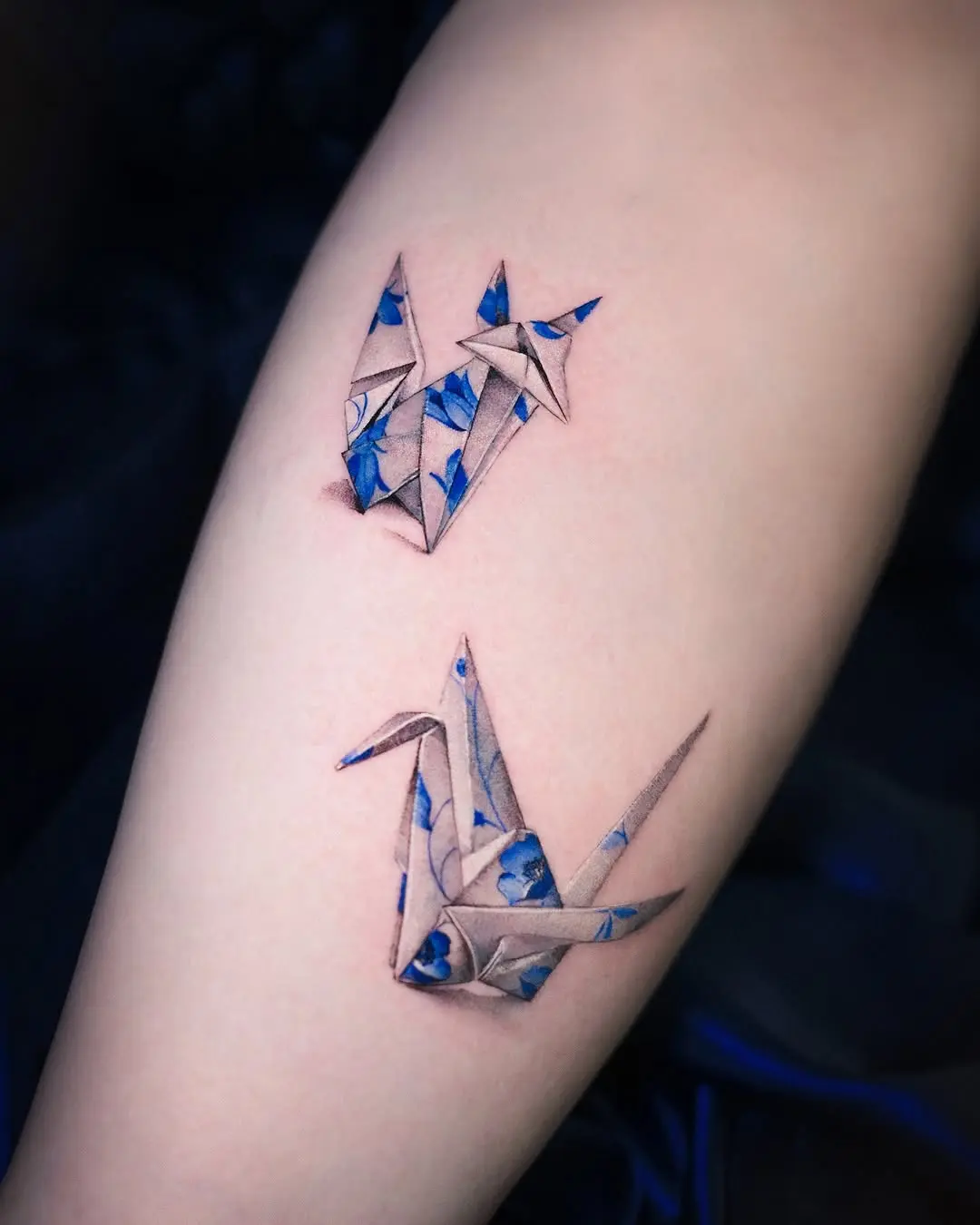 Dazzling Origami Bird Tattoos with Floral Touch