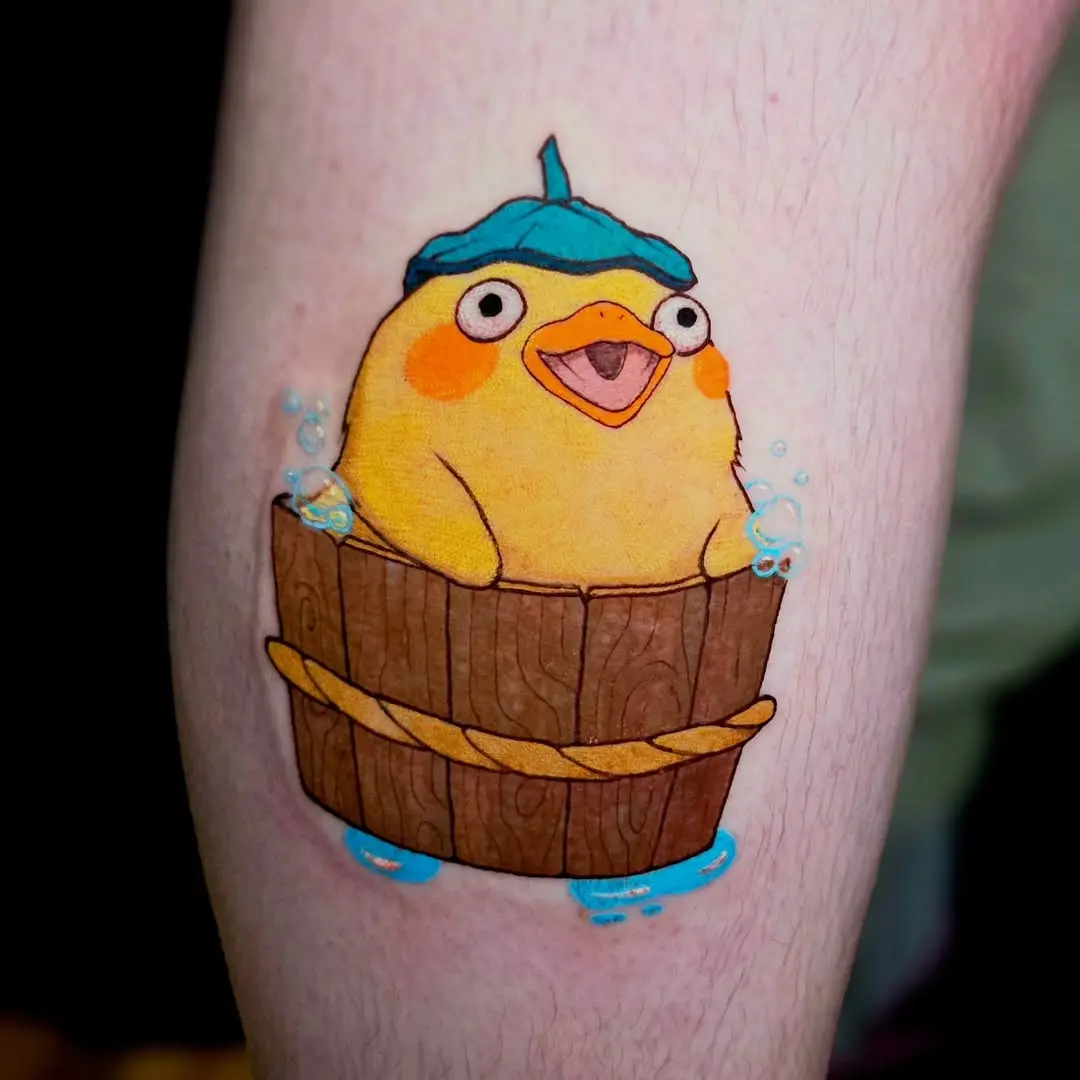 Whimsical duck tattoo in a wooden barrel