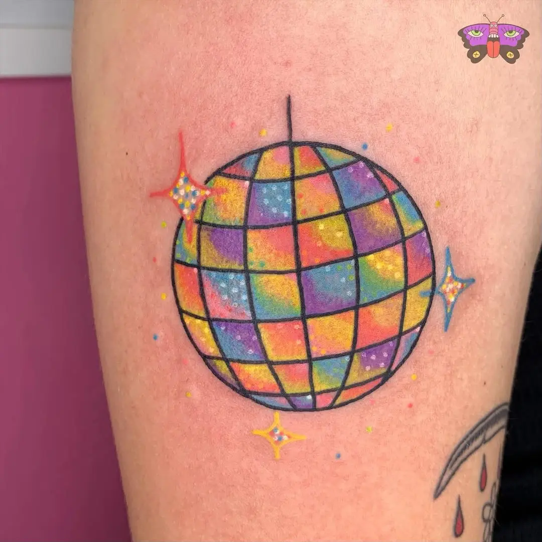 Vibrant disco ball neon tattoo design