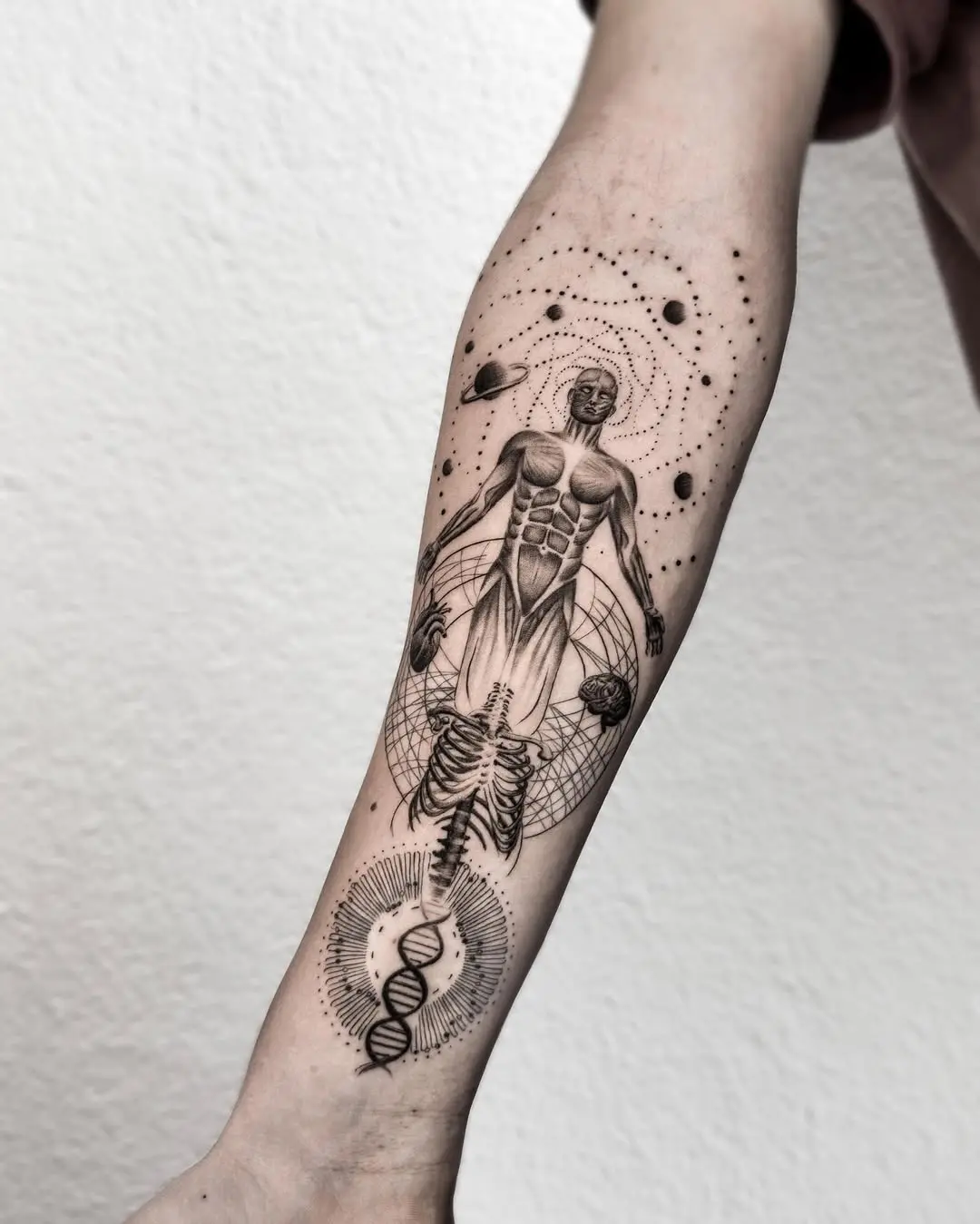 Intricate human figure blending with DNA design