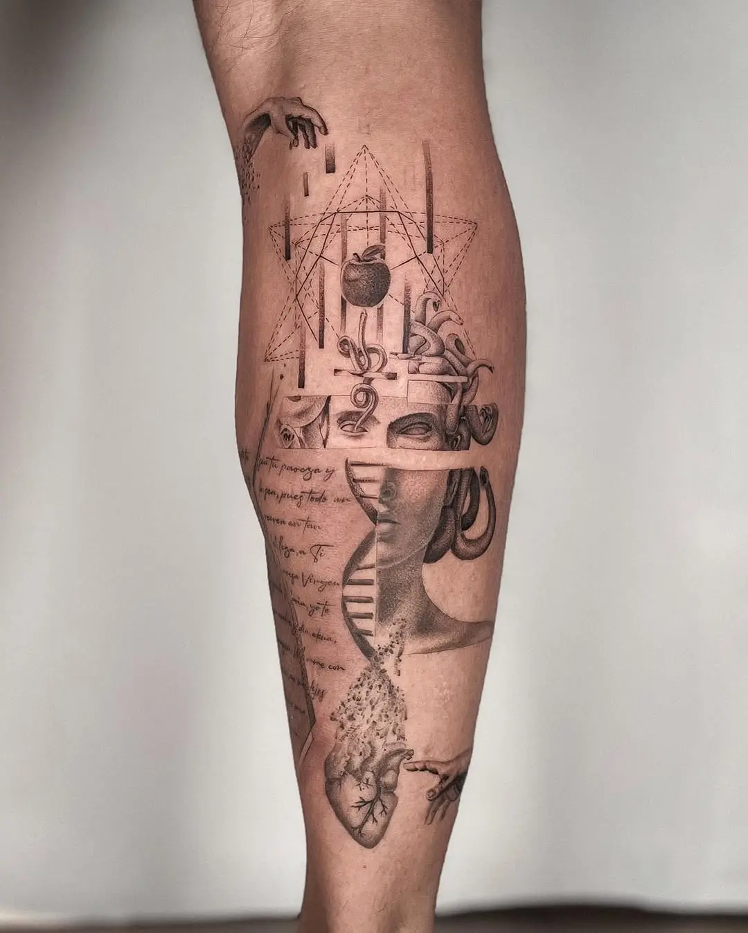 Intricate Leg DNA Tattoo with Abstract Elements