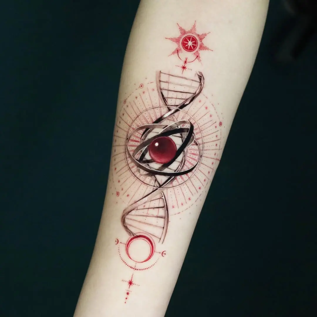 Intricate DNA tattoo with cosmic elements