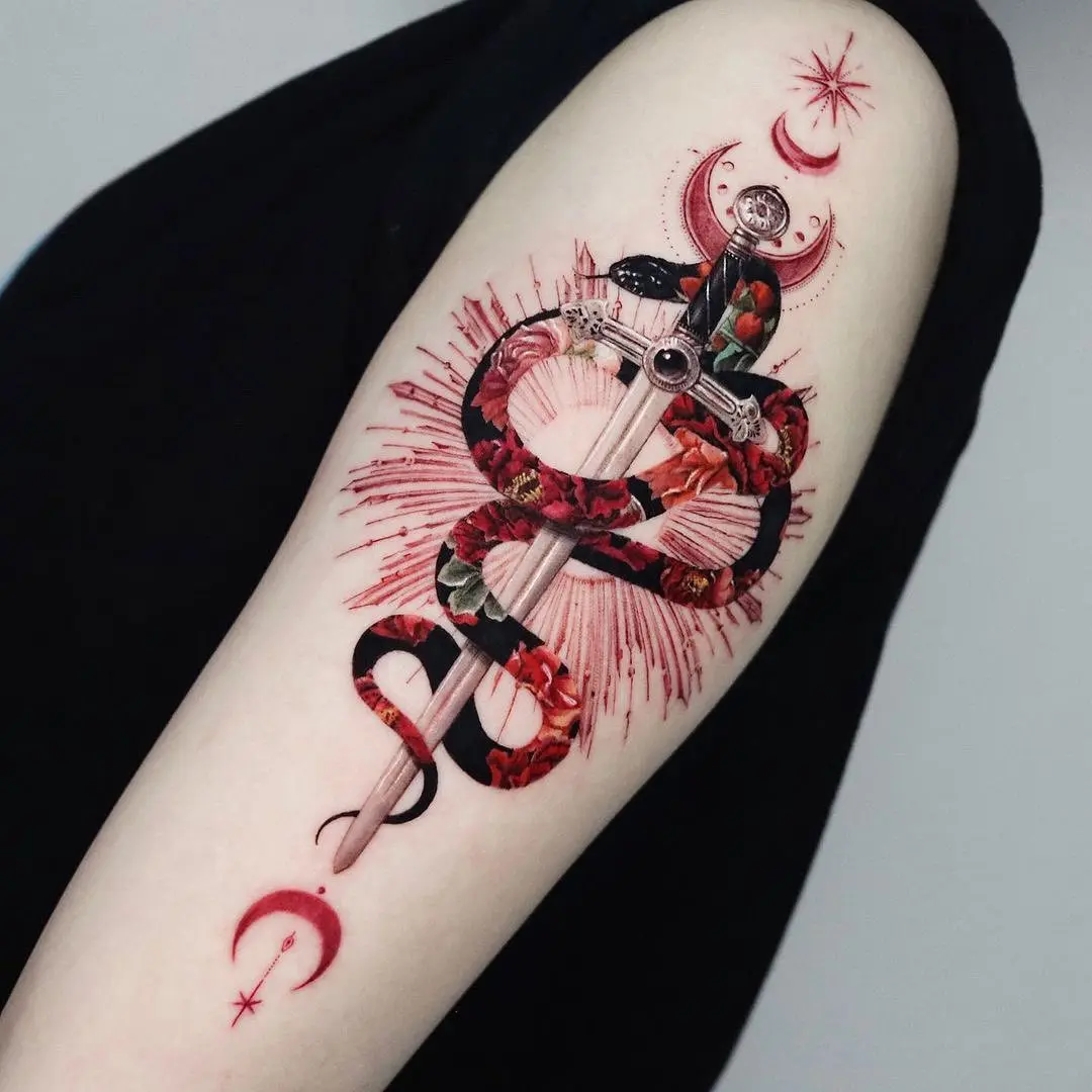 Intricate tattoo blending nature and symbolism