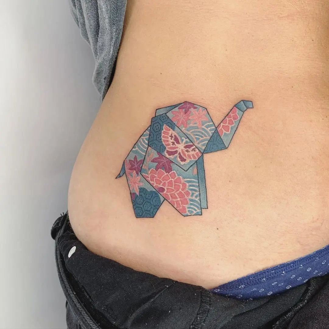 Colorful Elephant Origami Tattoo on Side