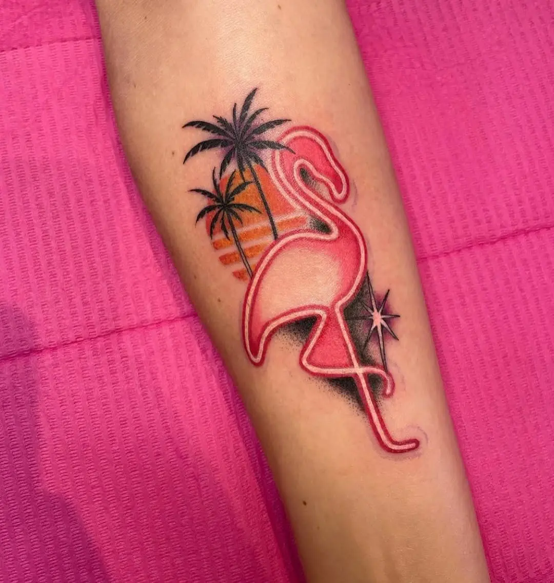Vibrant Flamingo Neon Tattoo with Tropical Vibes