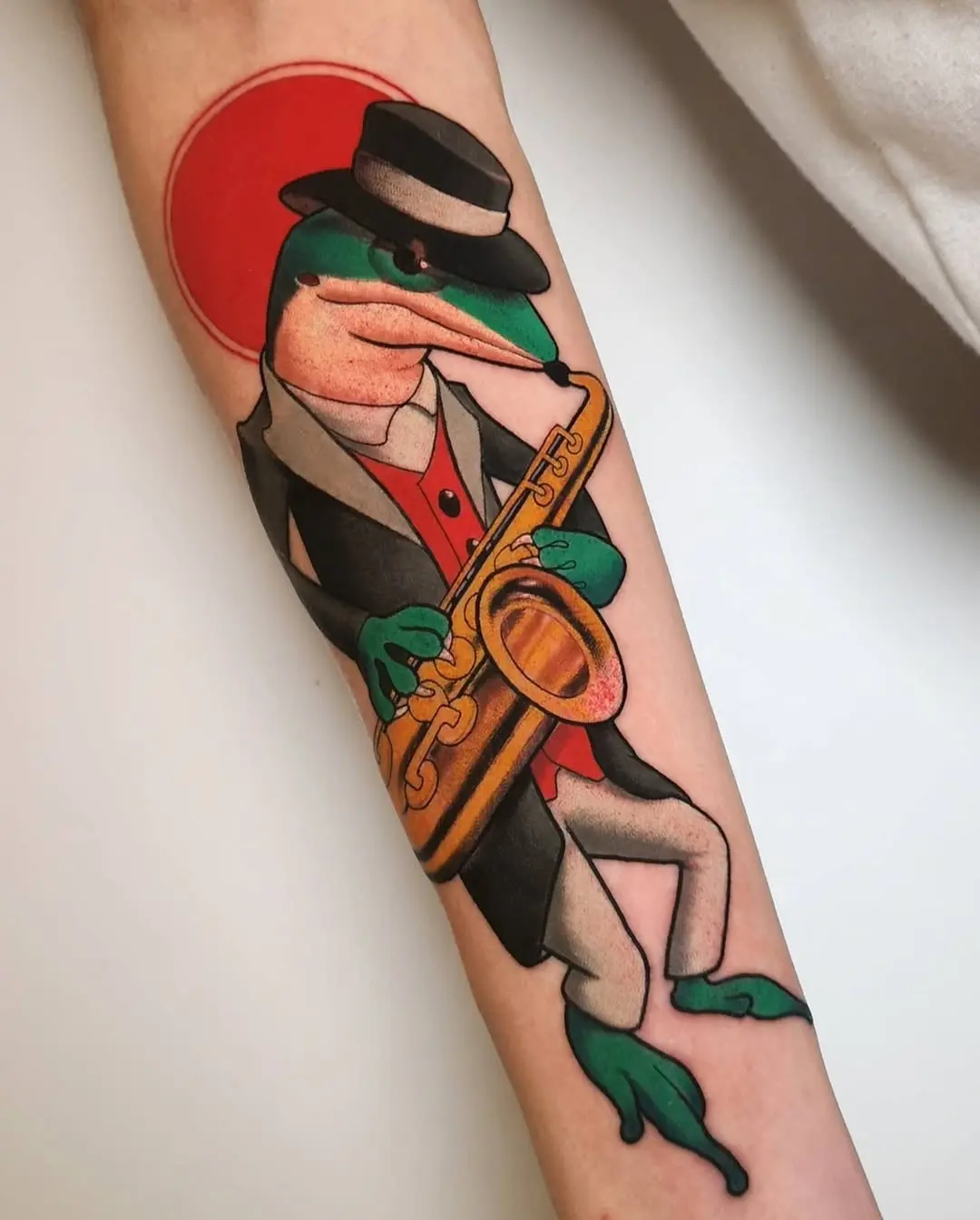 Colorful Frog Playing Saxophone Tattoo