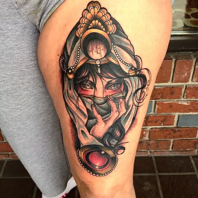 Mystical gypsy tattoo design featuring a concealed woman