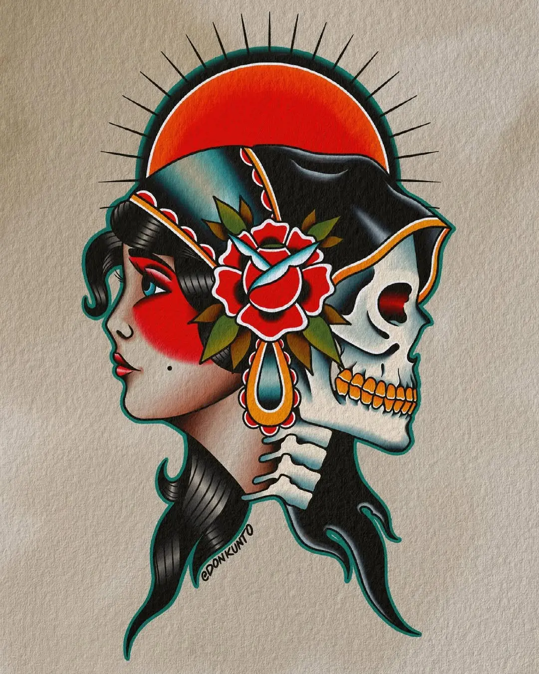 Symbolic fusion of beauty and mortality in tattoos