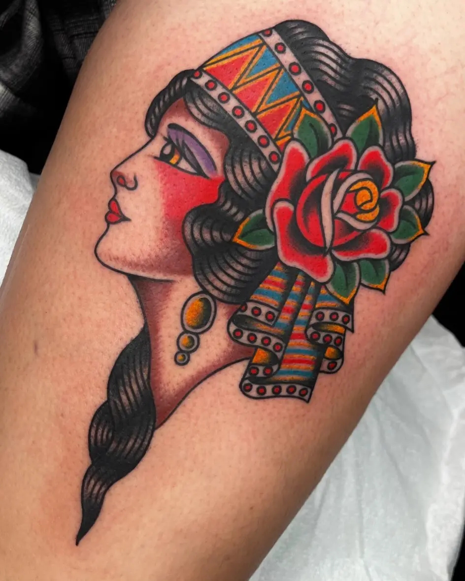 Elegant Gypsy Woman Tattoo with Vibrant Colors