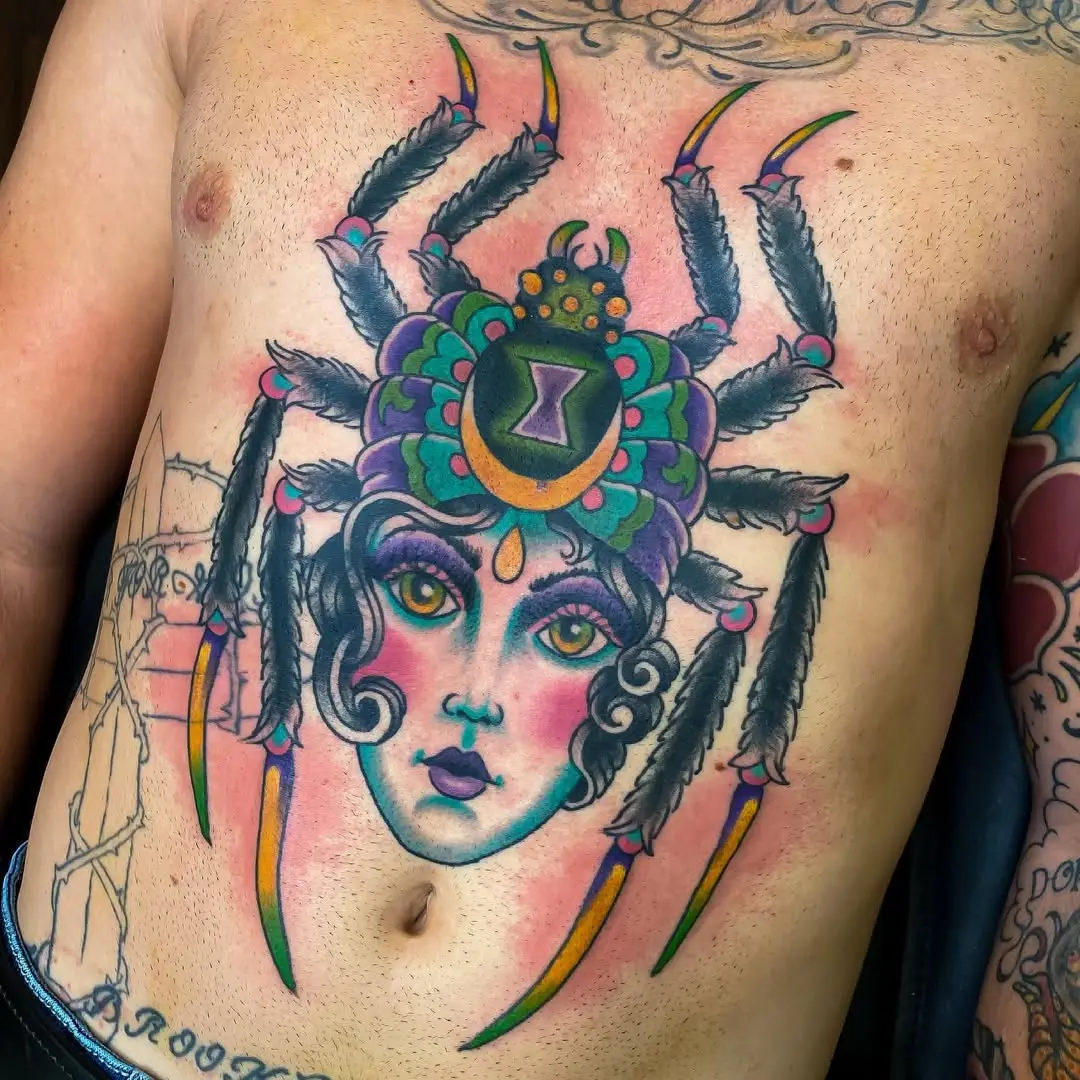 Vibrant Gypsy-Inspired Spider Tattoo Design