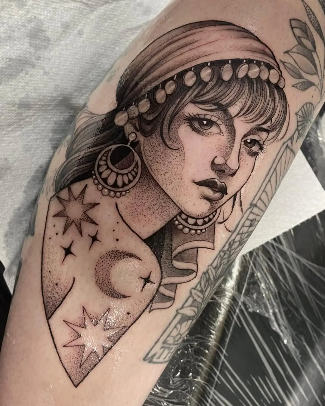 Intricate Gypsy Woman Tattoo with Celestial Elements