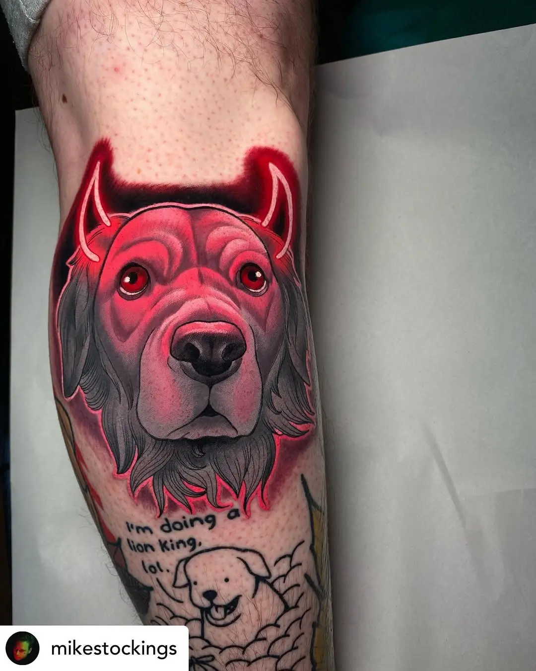 Vibrant neon dog tattoo with playful elements