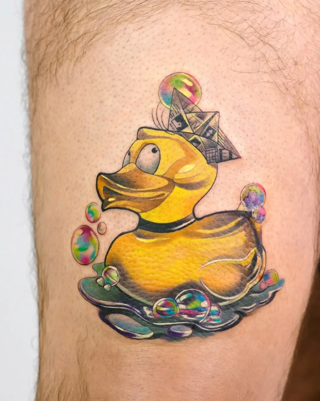 Vibrant Neon Duck Tattoo with Bubbles