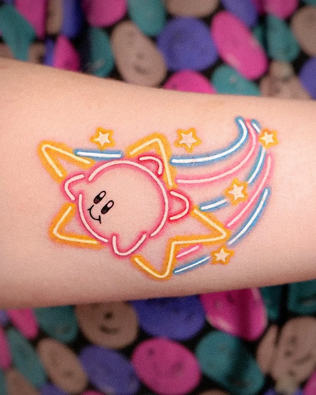 Bright and playful neon Kirby tattoo design