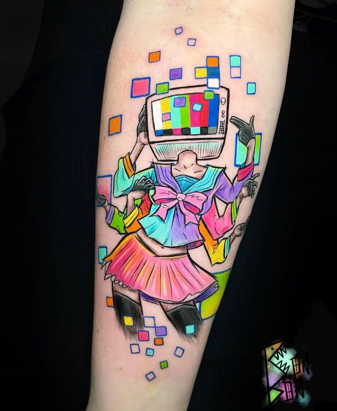 Bold Neon Tattoo of a Headless Figure