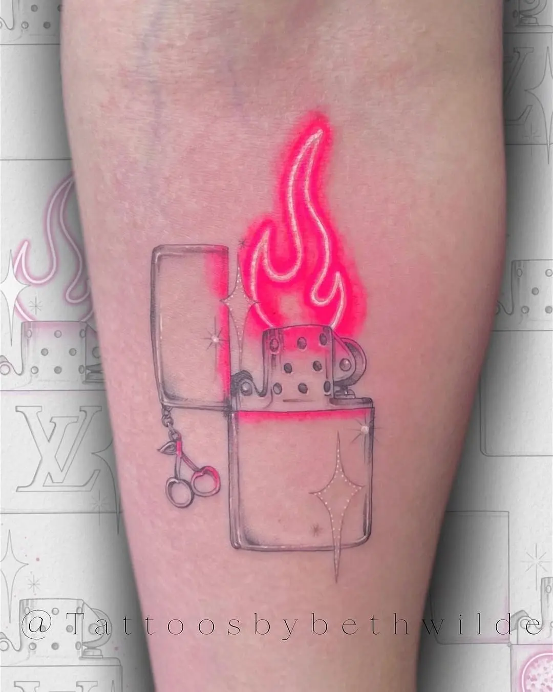 Vibrant Neon Lighter Tattoo with Flame Design