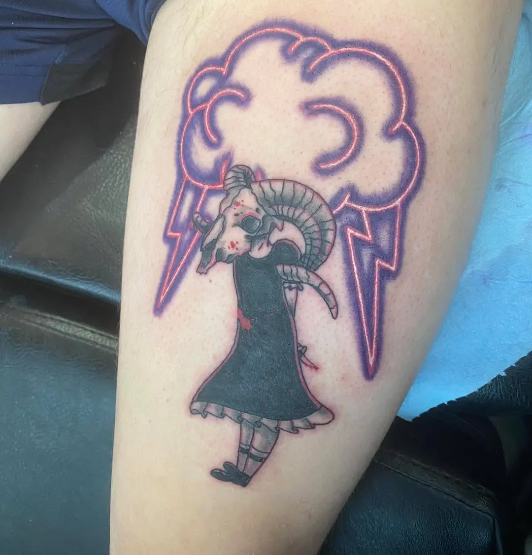 Vibrant Neon Cloud Tattoo with Whimsical Character