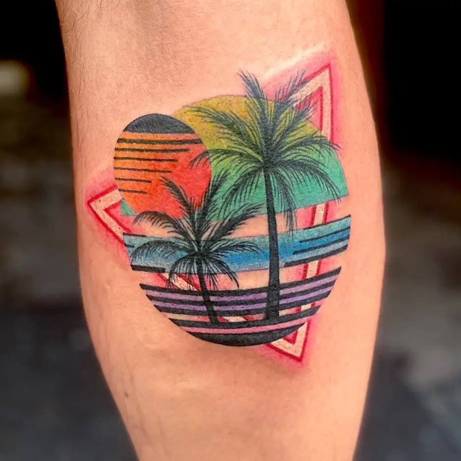 Vibrant Neon Sunset with Palm Trees