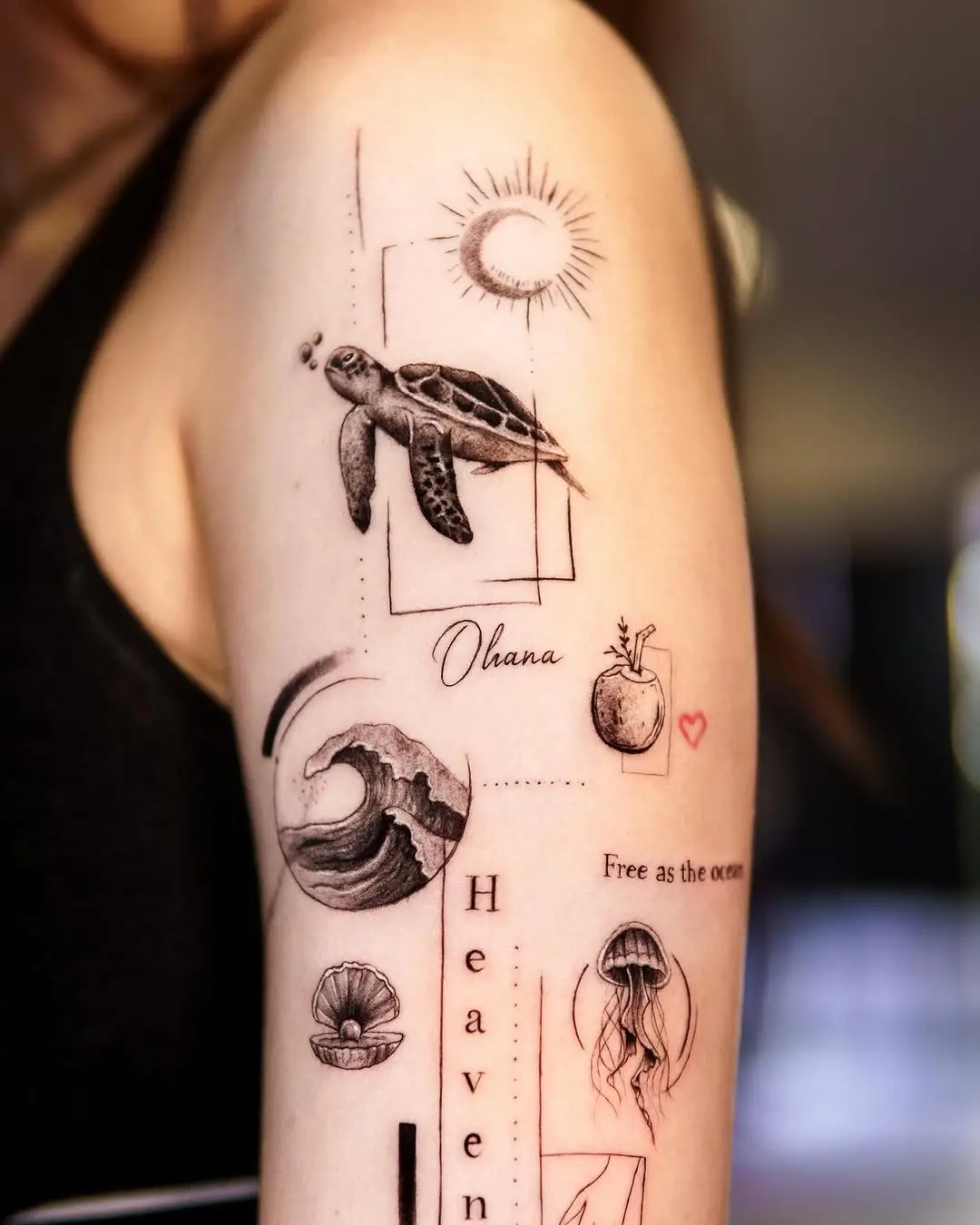Whimsical ocean-themed tattoo collection on arm