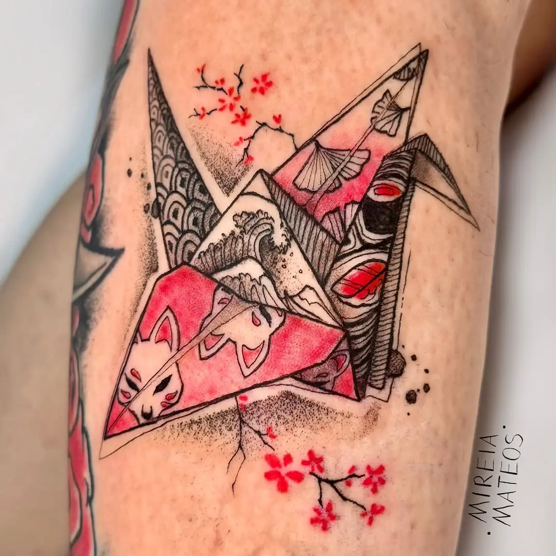 Intricate origami tattoo with dynamic colors