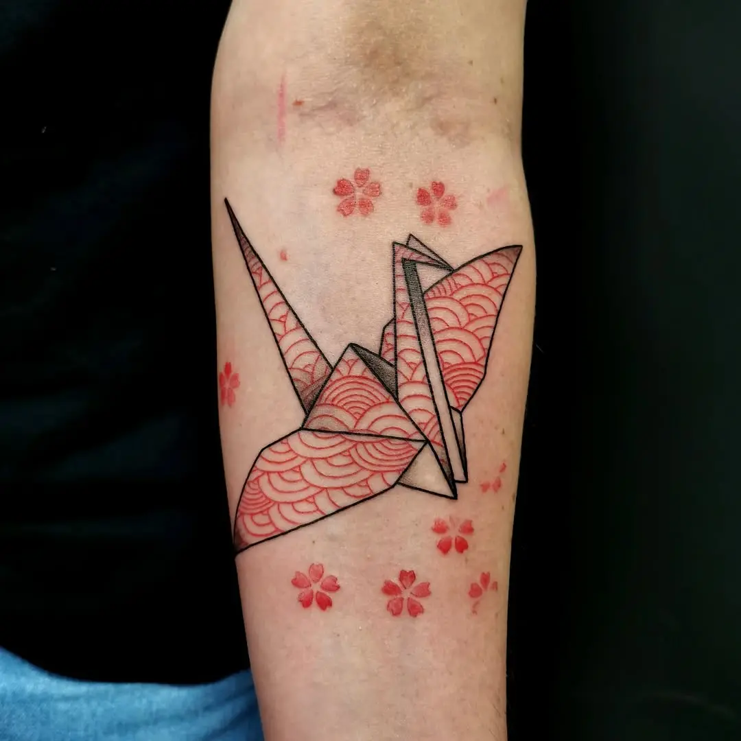 Elegant Origami Crane Tattoo Design in Red
