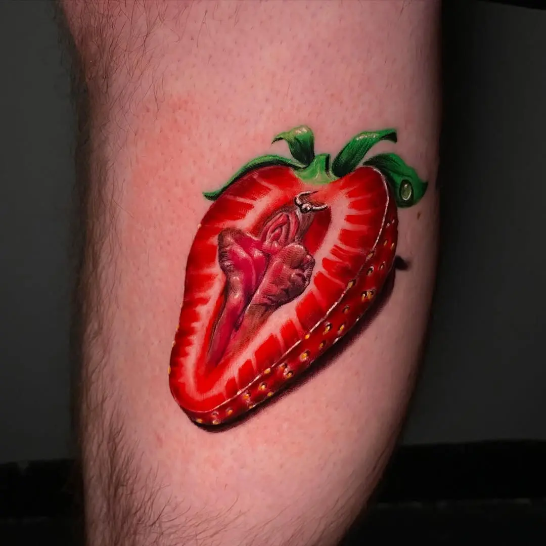 Vibrant realistic strawberry tattoo art