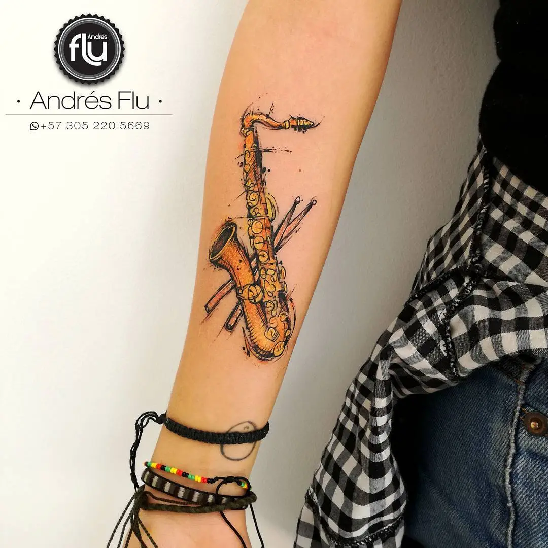 Colorful saxophone ink art with unique details