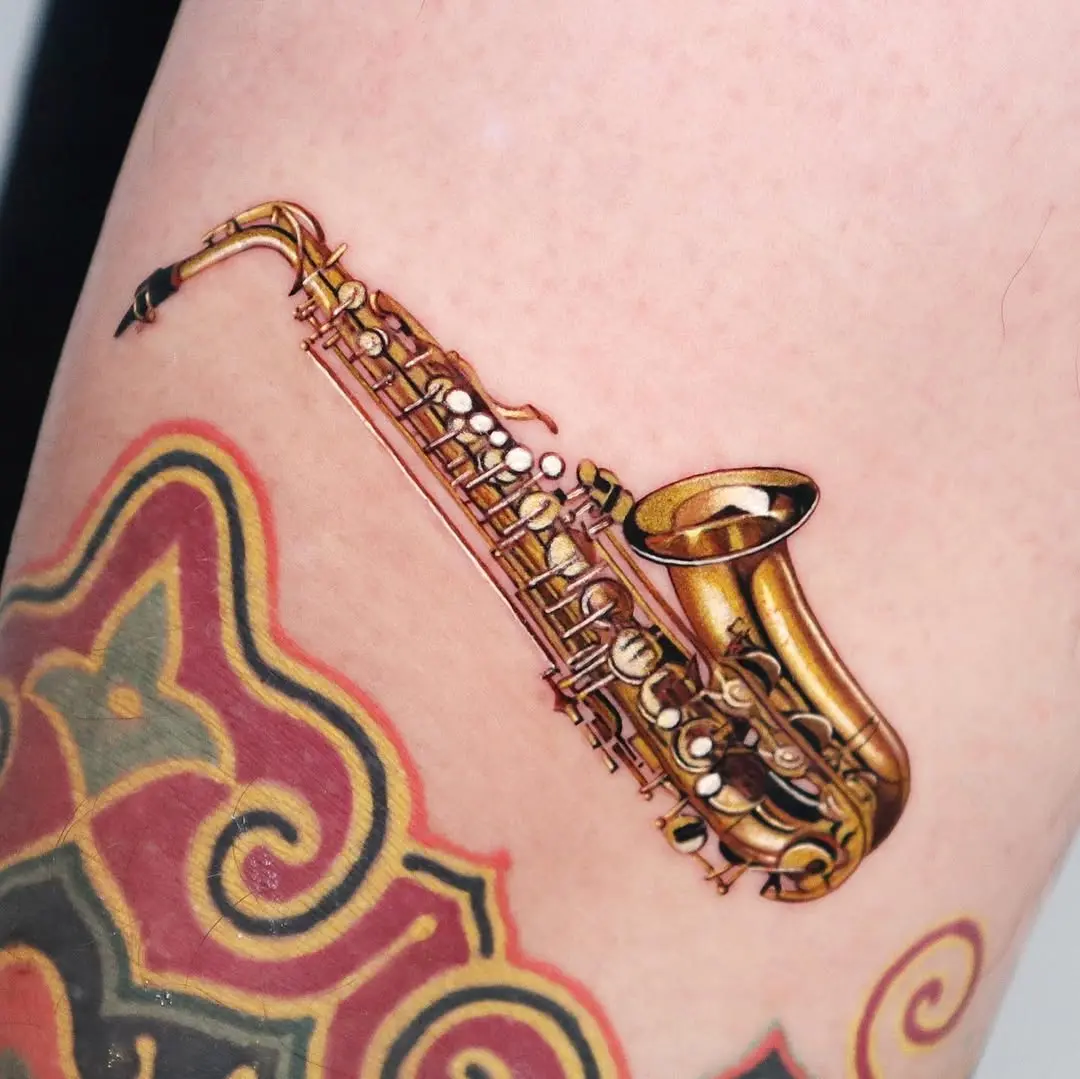 Vibrant saxophone tattoo with intricate details