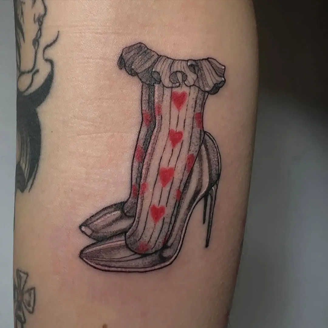 Charming high heel sock tattoo with hearts