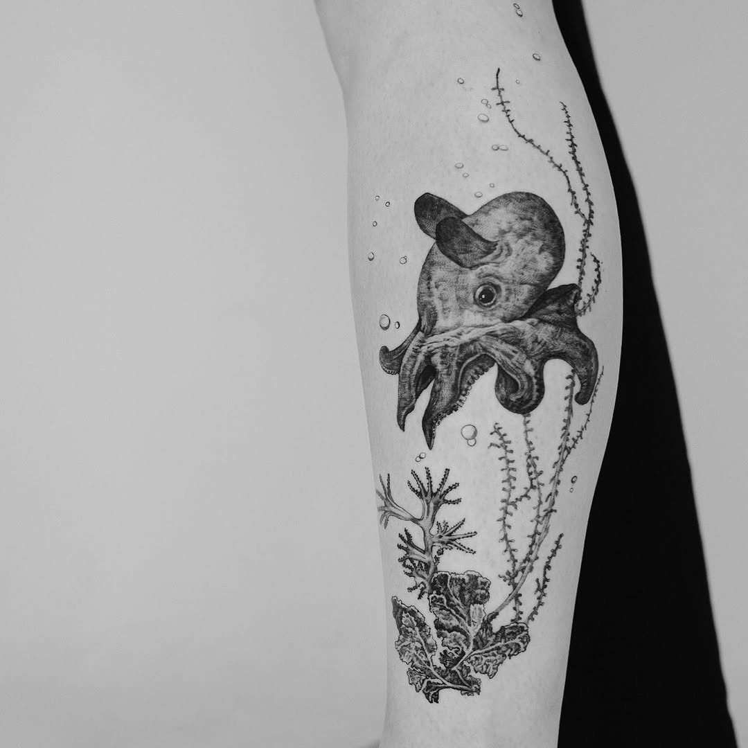 Elegant Black and White Squid Tattoo Design