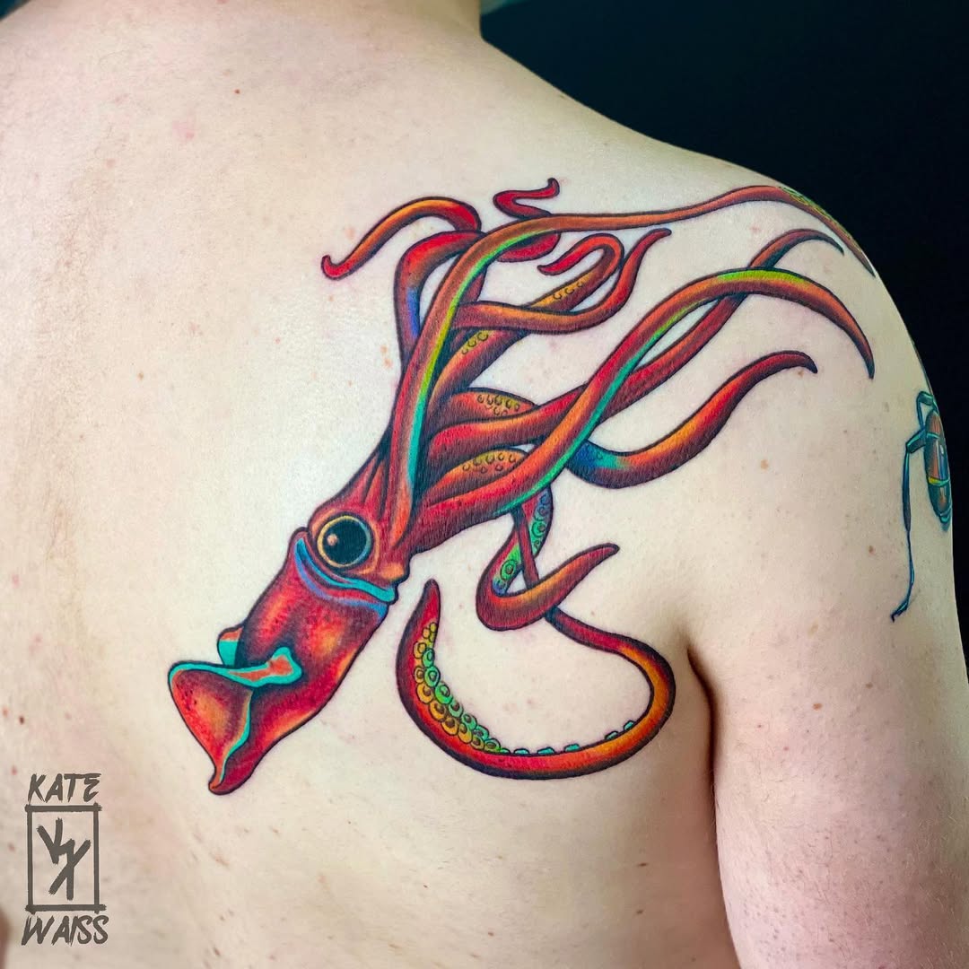 Vibrant squid tattoo showcasing intricate details