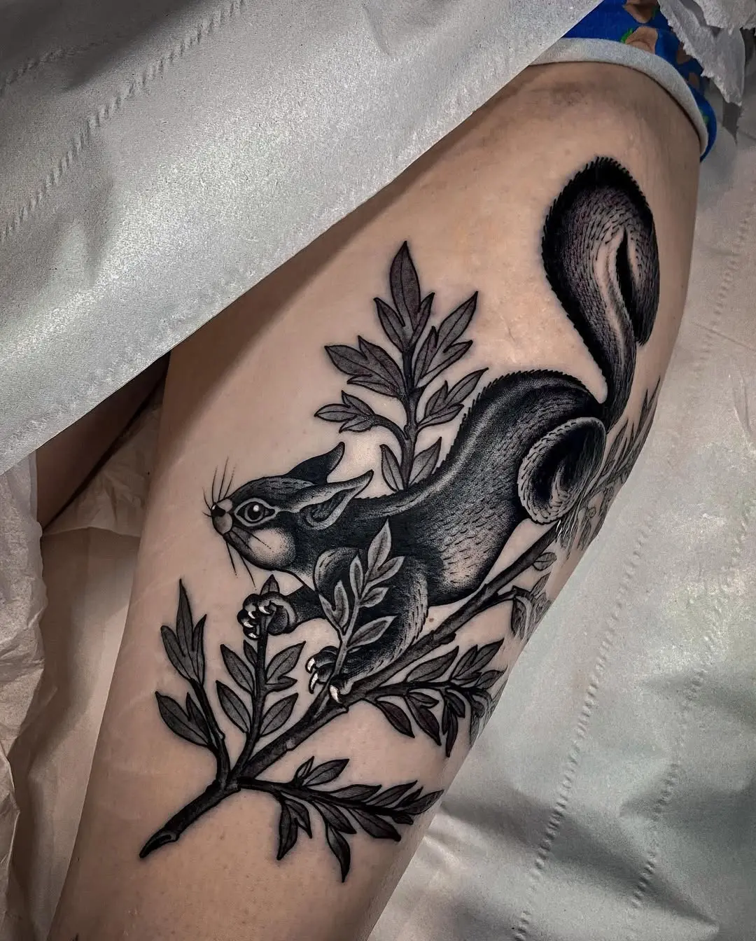 Elegant black and gray squirrel tattoo design